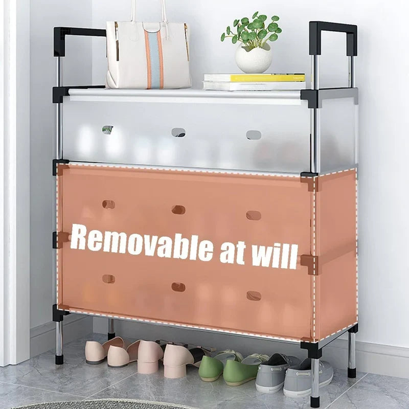 CSSV FILE multi-tier shoe organizer with multiple shelves for efficient shoe storage and easy access in a closet or entryway.