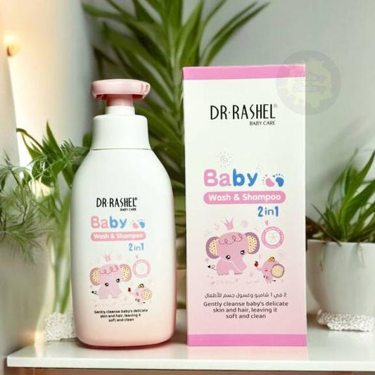 Dr Rashel 2-in-1 Baby Wash & Shampoo bottle with gentle formula, suitable for delicate baby skin and hair.