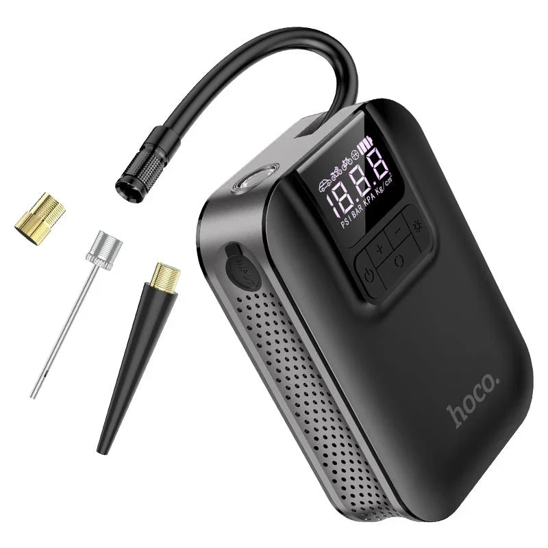 Hoco Portable Smart Air Pump S53 by CSSV FILE, compact device with digital display for inflating tires and sports equipment.