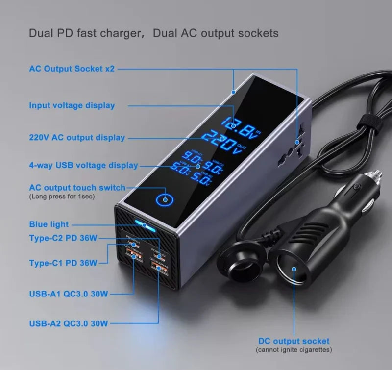 CSSV FILE socket car power inverter plugged into vehicle outlet, compact device for converting DC to AC power.