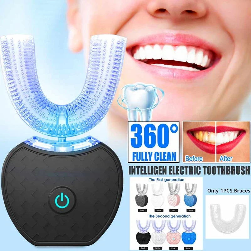 Blue waterproof 360-degree intelligent electric toothbrush by CSSV FILE with whitening, U-type brush, USB charging, and blue light features.