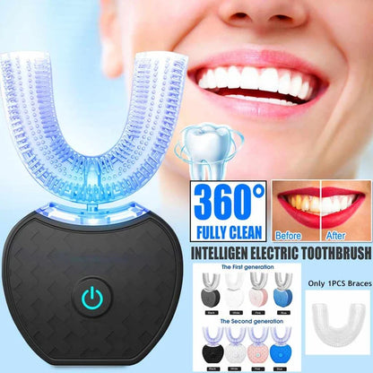 Blue waterproof 360-degree intelligent electric toothbrush by CSSV FILE with whitening, U-type brush, USB charging, and blue light features.