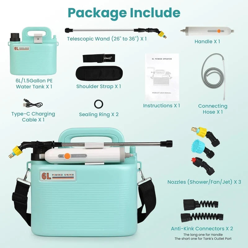CSSV FILE electric garden sprayer 6L with ergonomic handle and nozzle, used for garden watering and plant care.