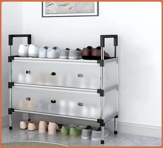 CSSV FILE multi-tier shoe organizer with multiple shelves for storing and organizing various shoes neatly.