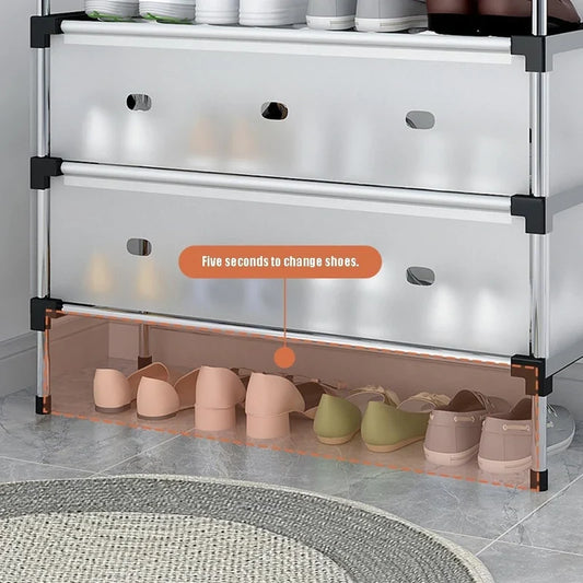 CSSV FILE multi-tier shoe organizer with multiple shelves, ideal for storing and organizing footwear efficiently.