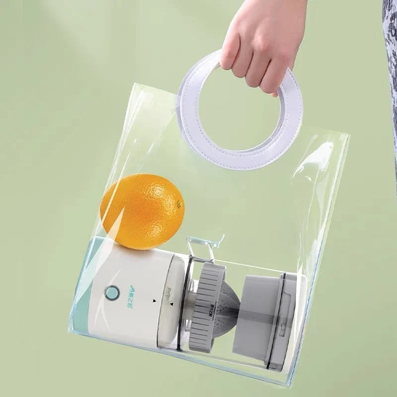 CSSV FILE Denx automatic fruit juicer with stainless steel components and modern design, showing the juicing process in action.