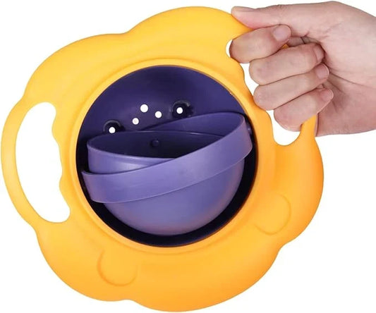 CSSV FILE baby spill-proof gyro bowl with colorful design, featuring a rotating lid to prevent spills during feeding.