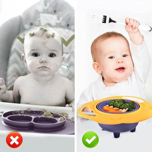 CSSV FILE baby spill-proof gyro bowl with colorful lid and rotating design, designed to prevent spills during feeding.