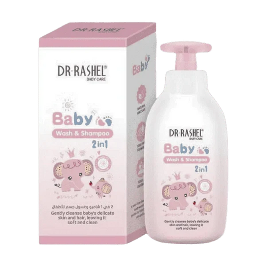 Dr Rashel 2-in-1 Baby Wash and Shampoo bottle from CSSV FILE, gentle, suitable for babies, with soft, tear-free formula.