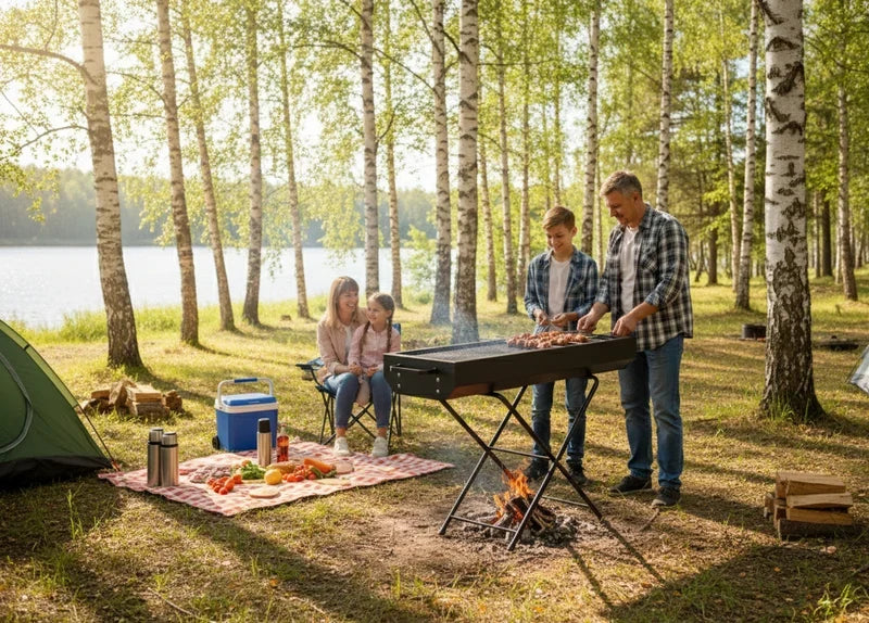 Foldable CSSV FILE charcoal BBQ grill with compact, portable design, featuring a foldable metal frame and grilling surface.