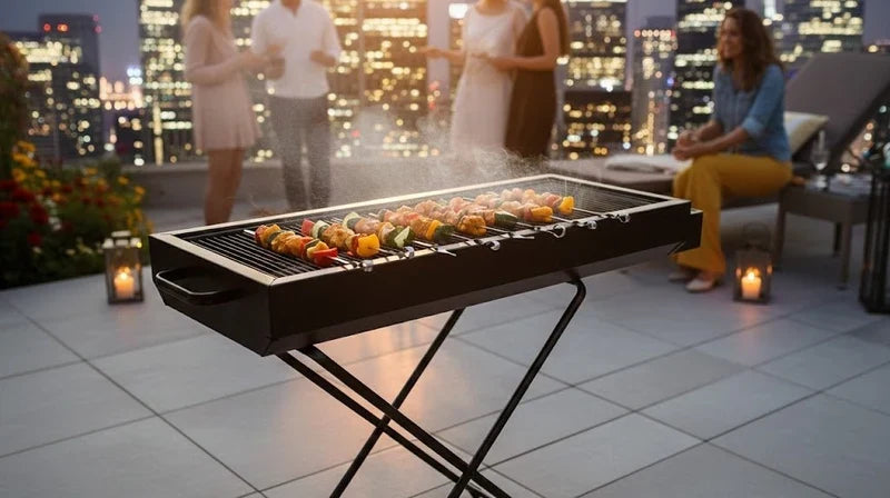 CSSV FILE foldable charcoal BBQ grill with compact design, featuring a sturdy metal body and foldable legs for easy transport and storage.