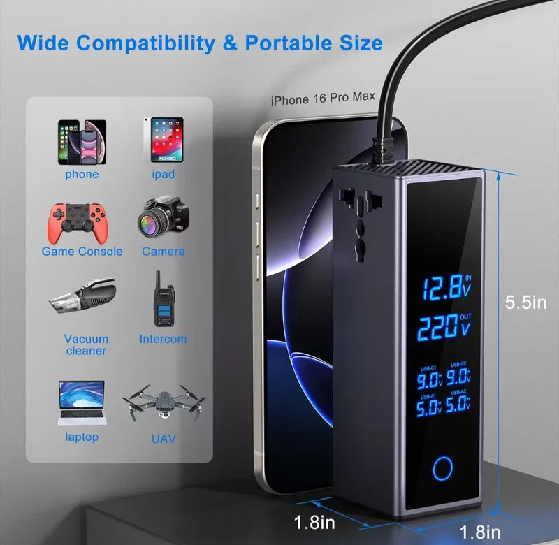 CSSV FILE socket car power inverter connected to vehicle's cigarette lighter socket for on-the-go charging of electronic devices.