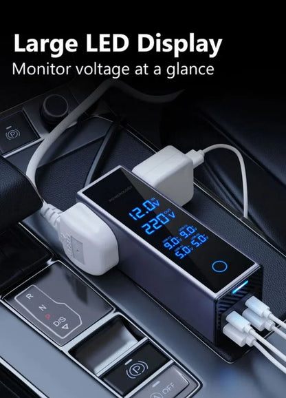 CSSV FILE socket car power inverter plugged into a vehicle's cigarette lighter port for on-the-go charging and powering devices.
