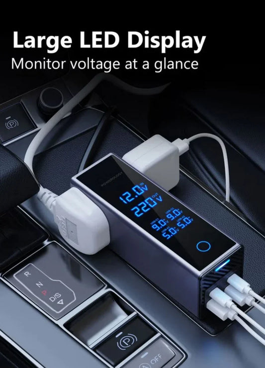 CSSV FILE socket car power inverter plugged into a vehicle's cigarette lighter port for on-the-go charging and powering devices.